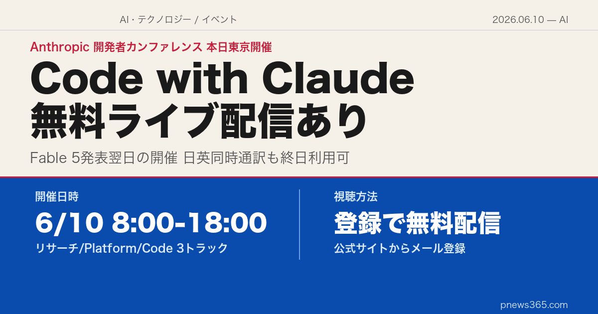 【Code with Claude 2026】Anthropicの開発者カンファレンスが本日東京開催——無料ライブ配信の視聴方法とFable 5発表直後の注目ポイント