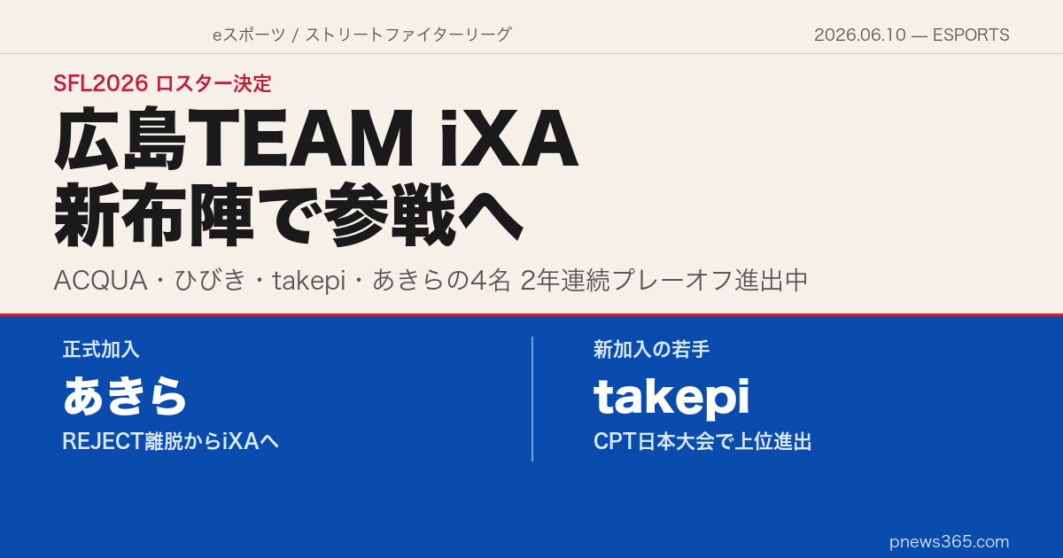 【SFL2026】広島TEAM iXAのロスターが決定——ACQUA・ひびき・takepi・あきらの4名体制、2年連続プレーオフのチームがさらに進化へ