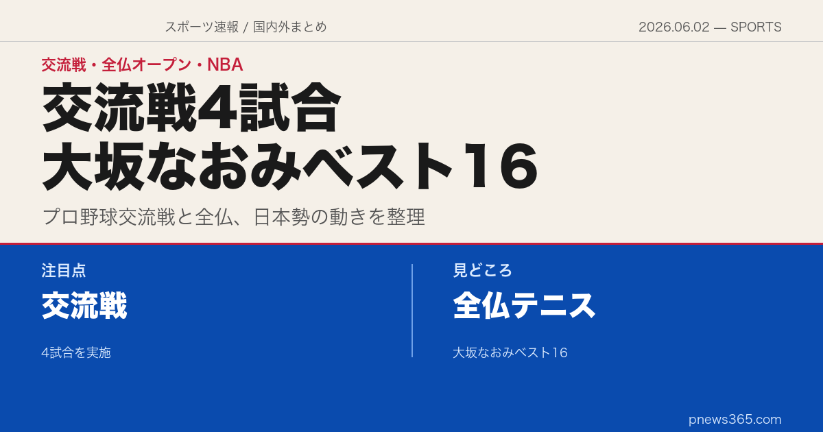 【スポーツスクエア】2026年6月2日——交流戦4試合、大坂なおみ全仏4回戦でベスト16
