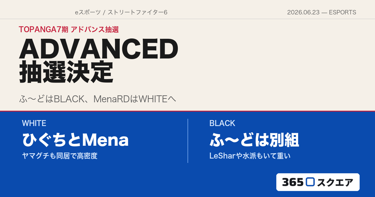 【スト6】TOPANGA第7期 ADVANCED STAGE抽選結果——ふ〜どはBLACK、MenaRDはWHITEへ　WHITEはZETA勢集結の高密度リーグに